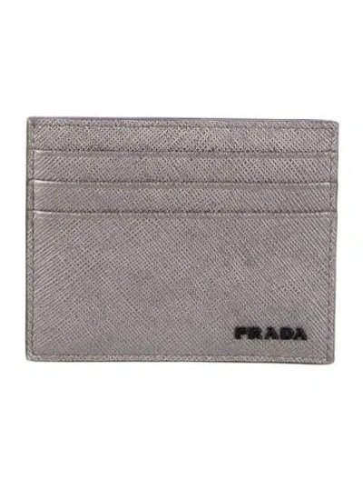 Pre-owned Prada Saffiano Metal Leather Card Holder In Silver