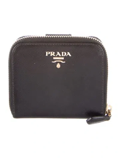 Pre-owned Prada Saffiano Metal Leather Compact Wallet In Black