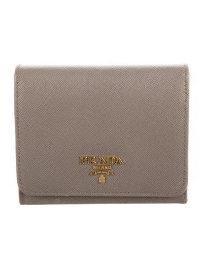 Pre-owned Prada Saffiano Metal Leather Compact Wallet In Grey