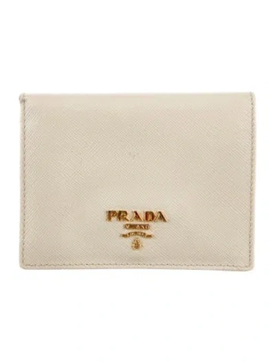 Pre-owned Prada Saffiano Metal Leather Compact Wallet In Neutral