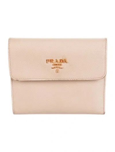 Pre-owned Prada Saffiano Metal Leather Compact Wallet In Neutrals