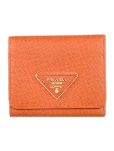 Pre-owned Prada Saffiano Metal Leather Compact Wallet In Orange