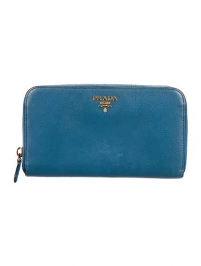 Pre-owned Prada Saffiano Metal Leather Continental Wallet In Blue