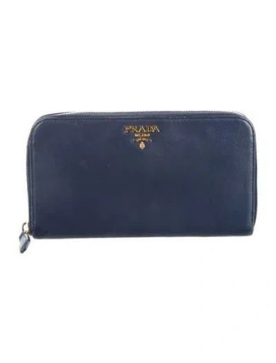 Pre-owned Prada Saffiano Metal Leather Continental Wallet In Blue