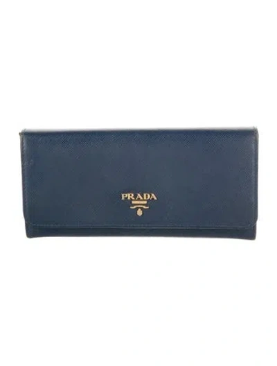 Pre-owned Prada Saffiano Metal Leather Continental Wallet In Blue