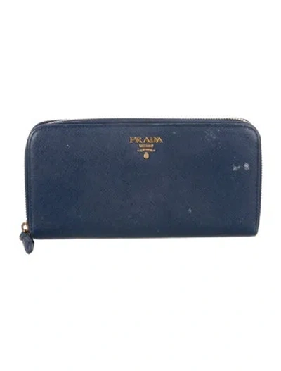 Pre-owned Prada Saffiano Metal Leather Continental Wallet In Blue
