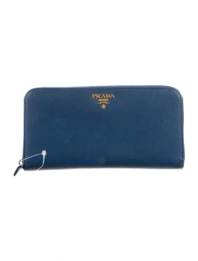 Pre-owned Prada Saffiano Metal Leather Continental Wallet In Blue