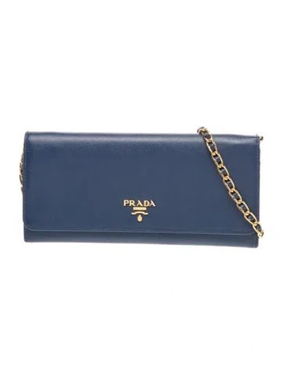 Pre-owned Prada Saffiano Metal Leather Continental Wallet In Blue