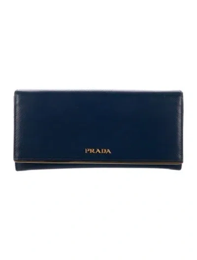Pre-owned Prada Saffiano Metal Leather Continental Wallet In Blue
