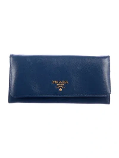 Pre-owned Prada Saffiano Metal Leather Continental Wallet In Blue