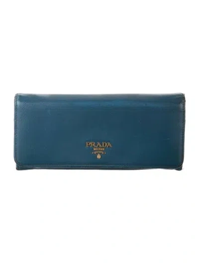 Pre-owned Prada Saffiano Metal Leather Continental Wallet In Blue