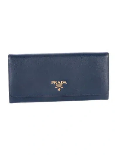 Pre-owned Prada Saffiano Metal Leather Continental Wallet In Blue