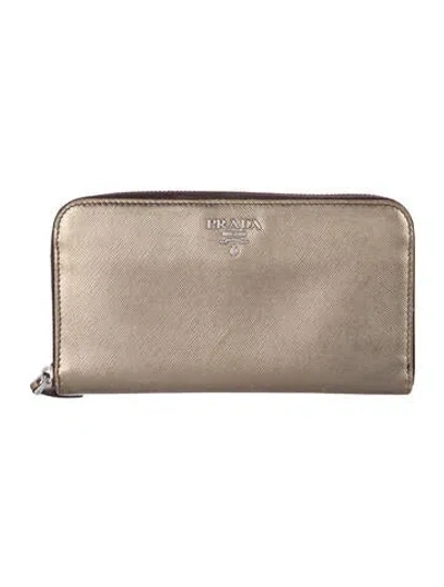 Pre-owned Prada Saffiano Metal Leather Continental Wallet In Gold