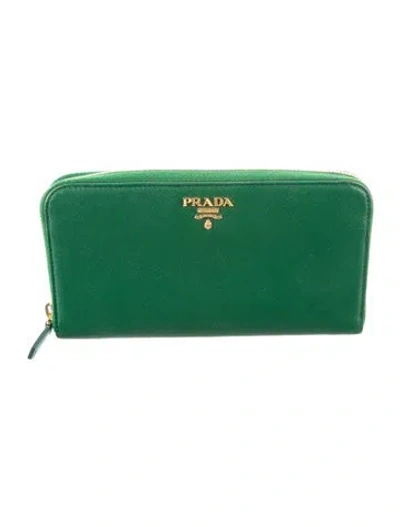 Pre-owned Prada Saffiano Metal Leather Continental Wallet In Green