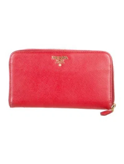 Pre-owned Prada Saffiano Metal Leather Continental Wallet In Red