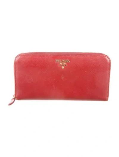 Pre-owned Prada Saffiano Metal Leather Continental Wallet In Red
