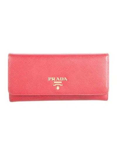 Pre-owned Prada Saffiano Metal Leather Continental Wallet In Red