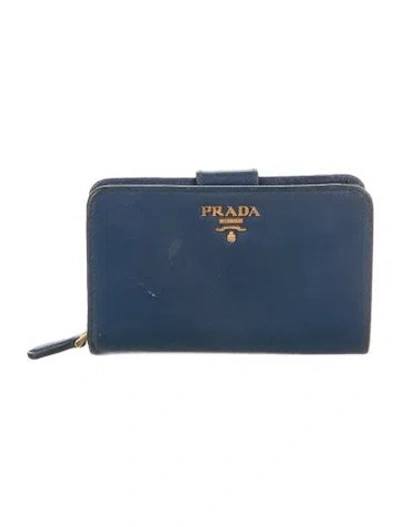 Pre-owned Prada Saffiano Metal Leather French Purse In Blue