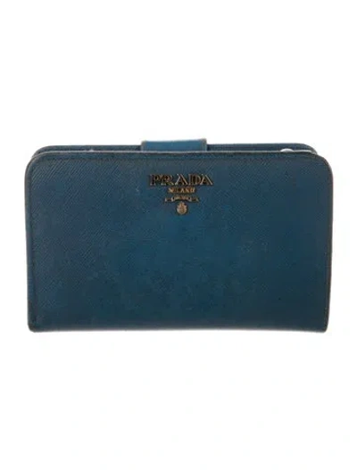 Pre-owned Prada Saffiano Metal Leather French Purse In Blue