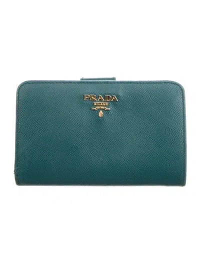 Pre-owned Prada Saffiano Metal Leather French Purse In Green