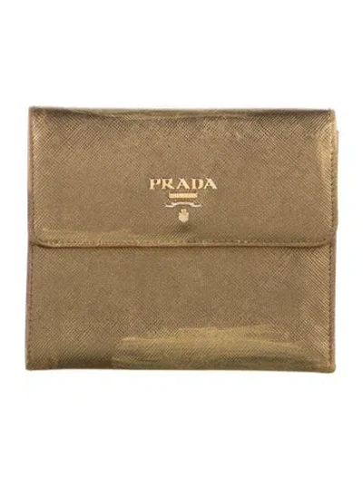 Pre-owned Prada Saffiano Metal Leather Trifold Wallet In Gold