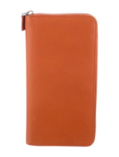 Pre-owned Prada Saffiano Metal Leather Wallet In Orange