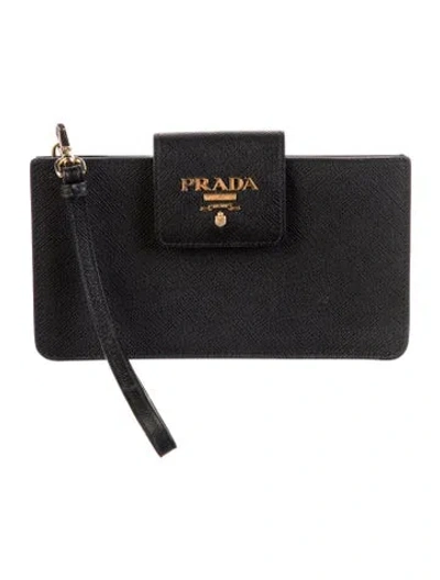 Pre-owned Prada Saffiano Metal Leather Wristlet In Black