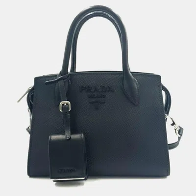 Pre-owned Prada Saffiano Monochrome Tote Cum Shoulder Bag In Black