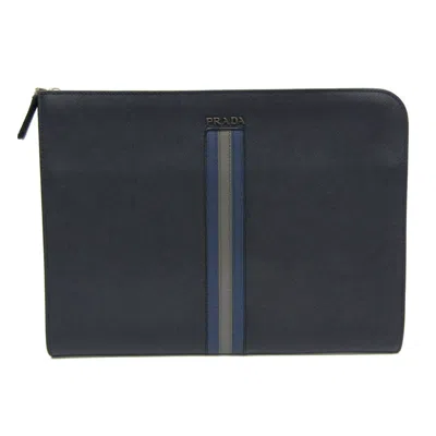 Prada Saffiano Navy Leather Clutch Bag () In Blue