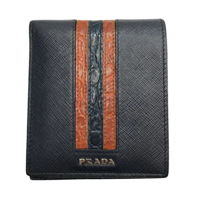 Prada Saffiano Navy Leather Wallet  () In Black