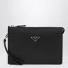 Prada Mens Black Logo-plaque Saffiano-leather Pouch In Black