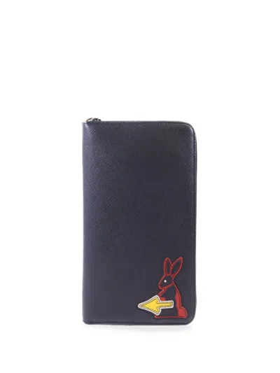 Pre-owned Prada Saffiano Rabbit Zip-around Wallet In Blue
