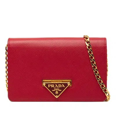 Pre-owned Prada Saffiano Red Color Leather Chain/shoulder Wallet ()