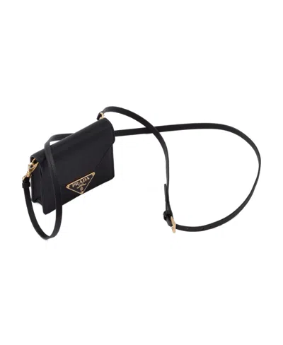 Prada Triangle Logo Leather Card Holder With Strap In F0002 Nero