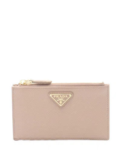 Pre-owned Prada Saffiano Triang Card Case In Neutral