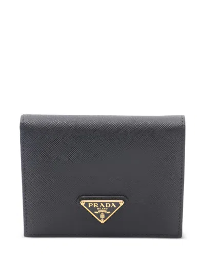 Pre-owned Prada Saffiano Triang Leather Bi-fold Wallet In Black