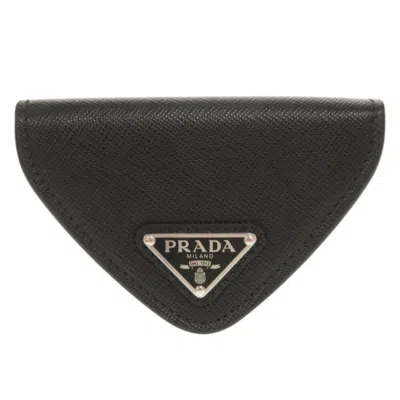Pre-owned Prada Saffiano Triangle Coin Purse/coin Case () In Black