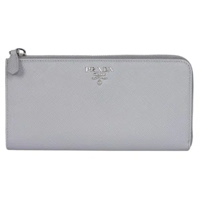 Pre-owned Prada Saffiano Triangle Half Zip Wallet In Grey In Gray