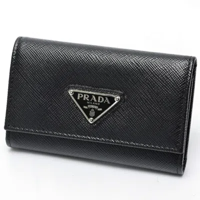 Pre-owned Prada Saffiano Triangle Keycase () In Black