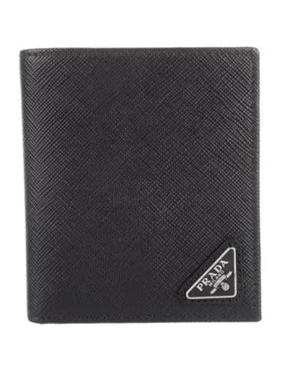 Pre-owned Prada Saffiano Triangle Leather Bifold Wallet In Black