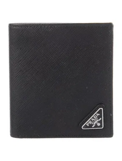 Pre-owned Prada Saffiano Triangle Leather Bifold Wallet In Black