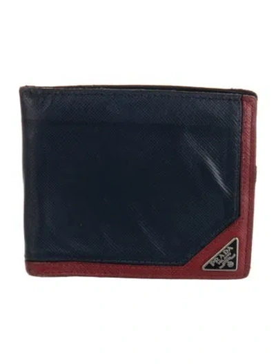 Pre-owned Prada Saffiano Triangle Leather Bifold Wallet In Blue