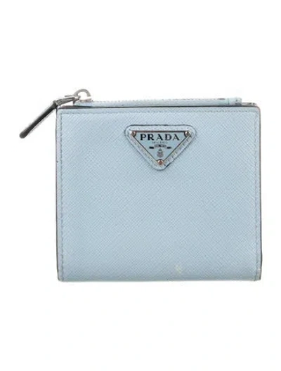 Pre-owned Prada Saffiano Triangle Leather Bifold Wallet In Blue