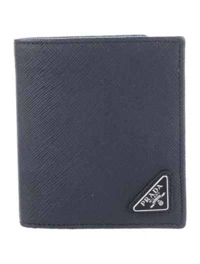 Pre-owned Prada Saffiano Triangle Leather Bifold Wallet In Blue