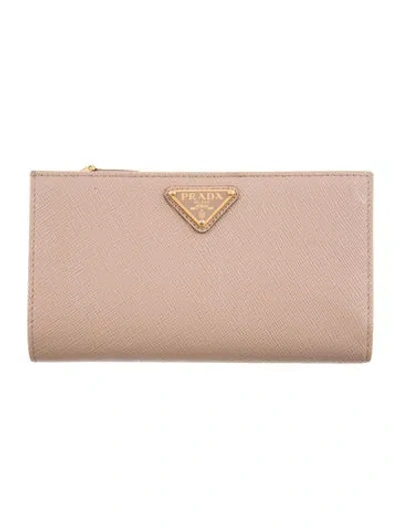 Pre-owned Prada Saffiano Triangle Leather Bifold Wallet In Neutral