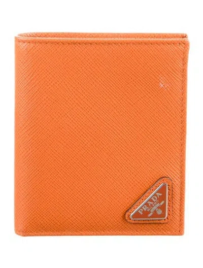 Pre-owned Prada Saffiano Triangle Leather Bifold Wallet In Orange