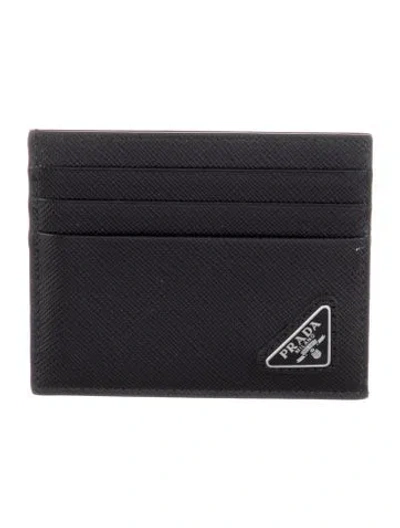 Pre-owned Prada Saffiano Triangle Leather Card Holder In Black