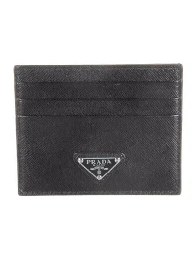 Pre-owned Prada Saffiano Triangle Leather Card Holder In Black