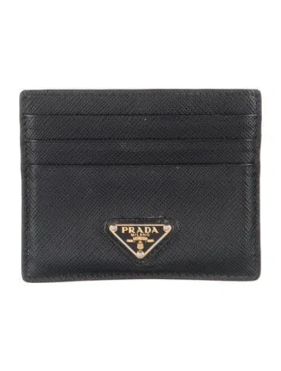 Pre-owned Prada Saffiano Triangle Leather Card Holder In Black