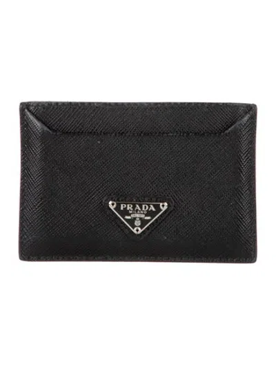 Pre-owned Prada Saffiano Triangle Leather Card Holder In Black